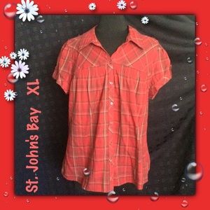 St. John's Bay Red Cotton Plaid Short Sleeve Top